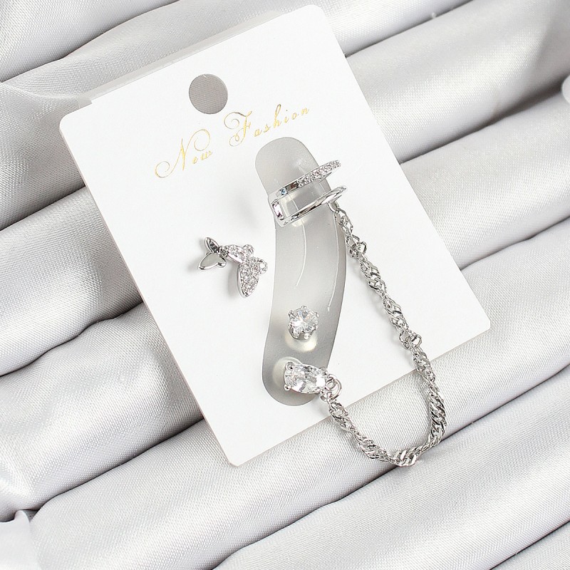 Pirinç Kelebek Figürlü Zirkon Taşlı Gümüş Renk 3'lü Kıkırdak Kadın Küpe Set