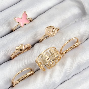 Pirinç Kelebek Ve Kalp Model Gold Renk Kadın Yüzük Kombin Set