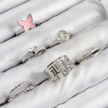 Pirinç Kelebek Ve Kalp Model Gümüş Renk Kadın Yüzük Kombin Set