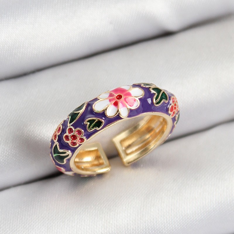 Pirinç Mor Mineli Çiçek Motifli Gold Renk Ayarlanabilir Kadın Yüzük