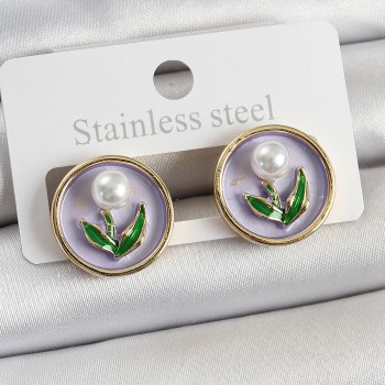 Pirinç Mor Mineli Lale Figürlü Sanatsal Portre Model Gold Renk Kadın Küpe