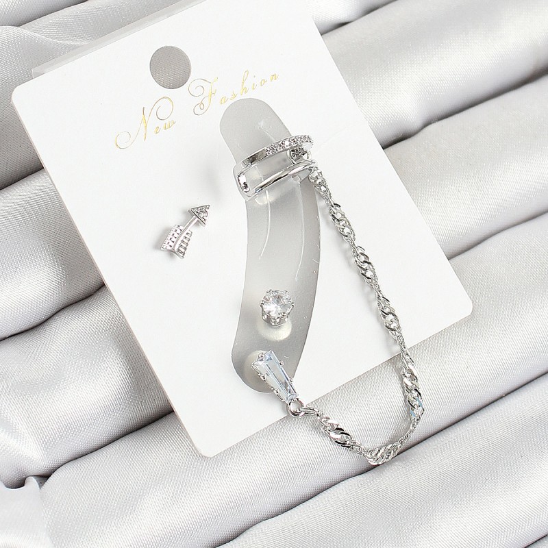 Pirinç Ok Figürlü Zirkon Taşlı Gümüş Renk 3'lü Kıkırdak Kadın Küpe Set