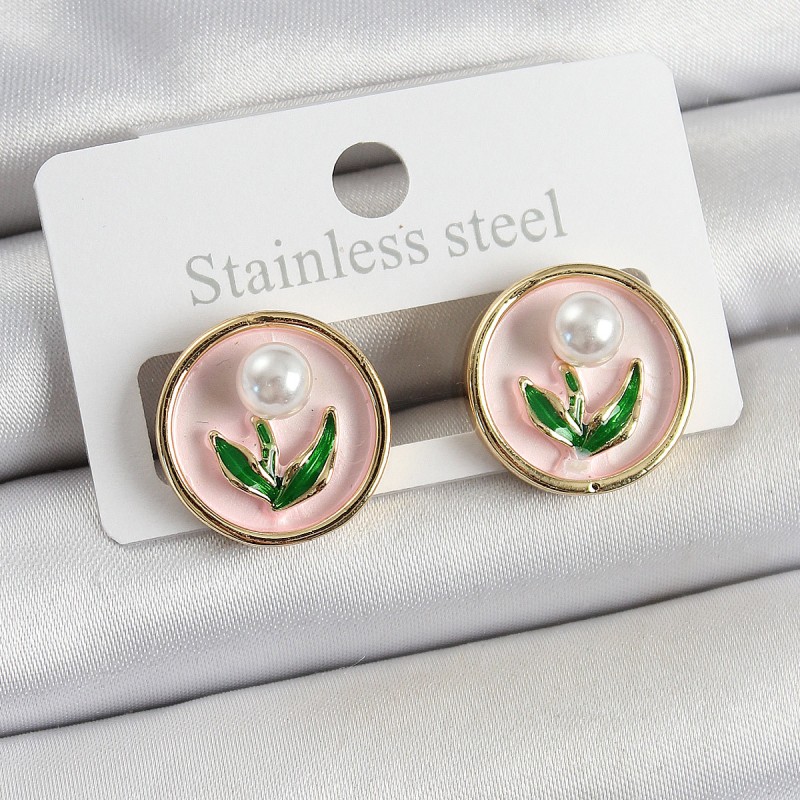 Pirinç Pembe Mineli Lale Figürlü Sanatsal Portre Model Gold Renk Kadın Küpe