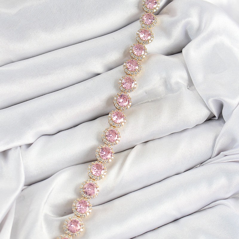 Pirinç Pembe Zirkon Taşlı Daire Baget Model Gold Renk VIP Seri Kadın Bileklik