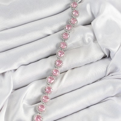 Pirinç Pembe Zirkon Taşlı Daire Baget Model Gümüş Renk VIP Seri Kadın Bileklik
