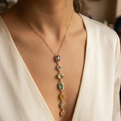 Pirinç Renkli Zirkon Taşlı Model Gold Renk 7 Element Kadın Y Kolye