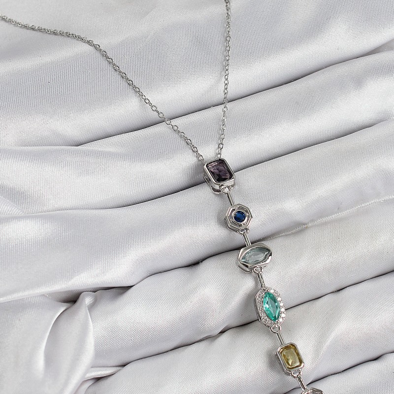 Pirinç Renkli Zirkon Taşlı Model Gümüş Renk 7 Element Kadın Y Kolye