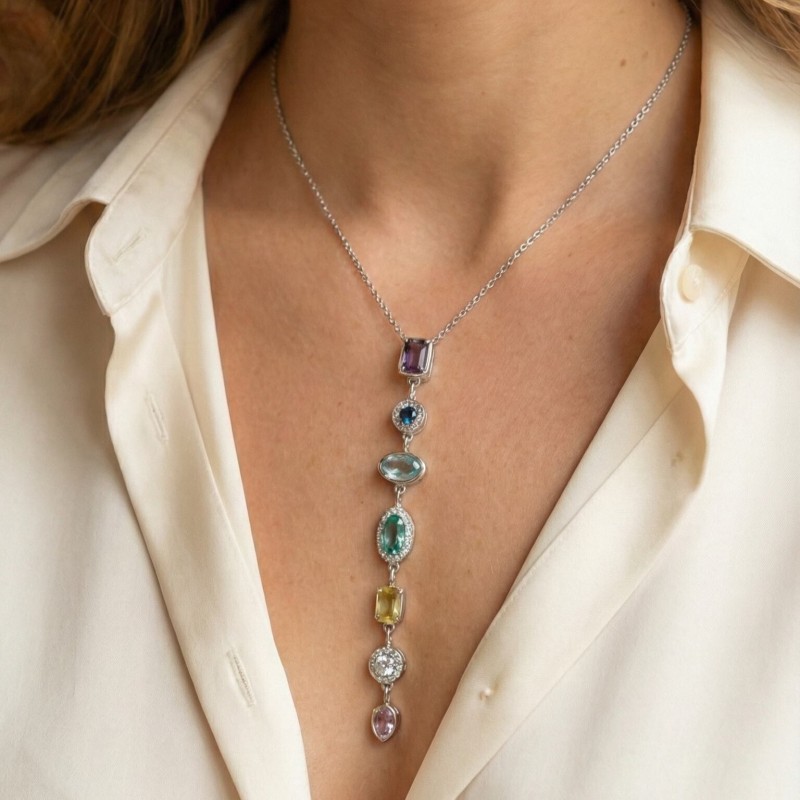 Pirinç Renkli Zirkon Taşlı Model Gümüş Renk 7 Element Kadın Y Kolye