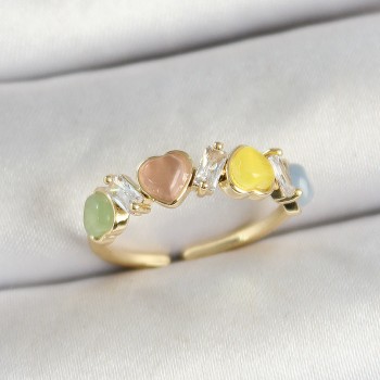 Pirinç Sıralı Kalp Figürlü Zirkon Taşlı Gold Renk Ayarlanabilir Kadın Yüzük