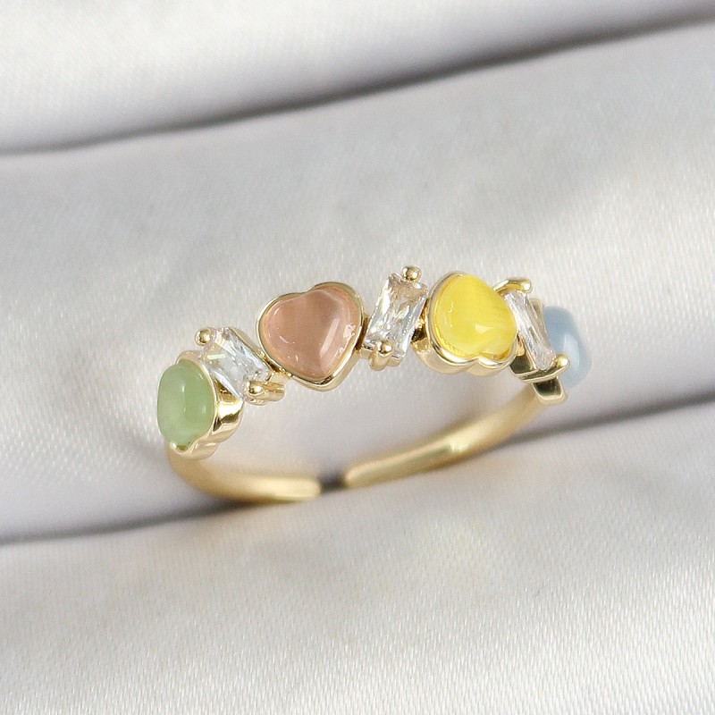 Pirinç Sıralı Kalp Figürlü Zirkon Taşlı Gold Renk Ayarlanabilir Kadın Yüzük