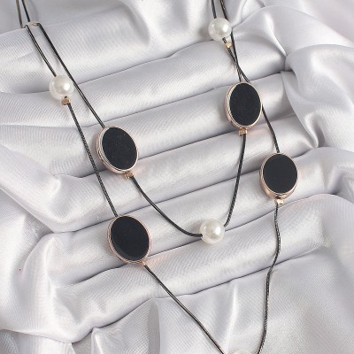 Pirinç Siyah Renk Zincir İnci Detaylı Çoklu Kadın Kolye