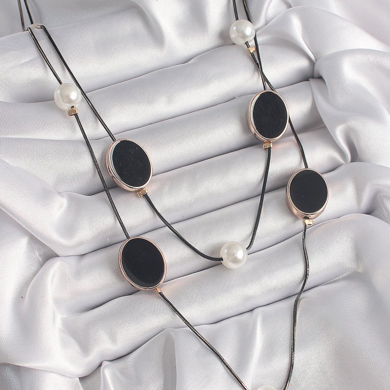 Pirinç Siyah Renk Zincir İnci Detaylı Çoklu Kadın Kolye