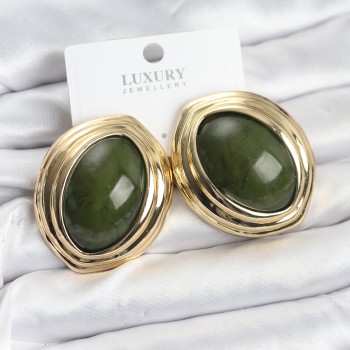 Pirinç Yeşil Badem Model Vintage Gold Kadın Küpe