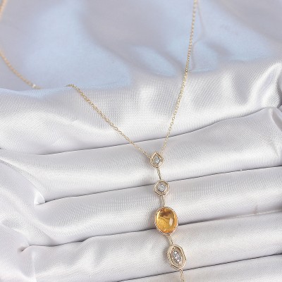 Pirinç Zincir Kehribar Sarı Gold Renk  Zirkon Taşlı Y Kolye