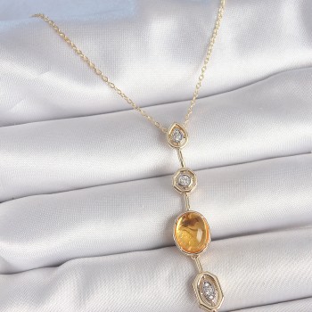 Pirinç Zincir Kehribar Sarı Gold Renk  Zirkon Taşlı Y Kolye