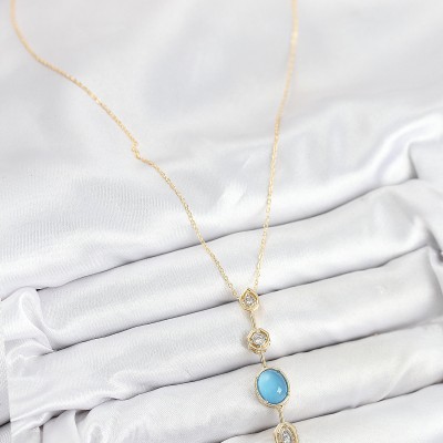 Pirinç Zincir Mavi Gold Renk Zirkon Taşlı Y Kolye