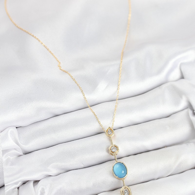 Pirinç Zincir Mavi Gold Renk Zirkon Taşlı Y Kolye