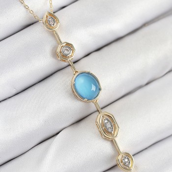 Pirinç Zincir Mavi Gold Renk Zirkon Taşlı Y Kolye