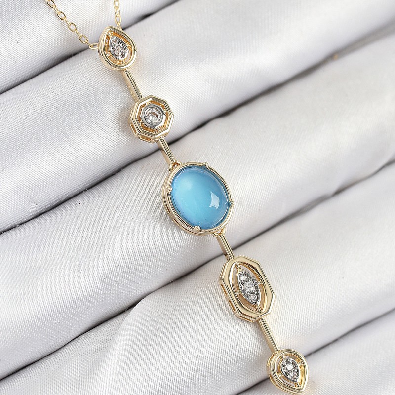 Pirinç Zincir Mavi Gold Renk Zirkon Taşlı Y Kolye