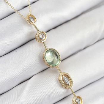 Pirinç Zincir Yeşil Gold Renk Zirkon Taşlı Y Kolye