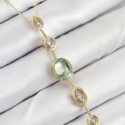 Pirinç Zincir Yeşil Gold Renk Zirkon Taşlı Y Kolye