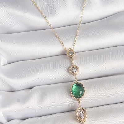 Pirinç Zincir Zümrüt Yeşil Gold Renk Zirkon Taşlı Y Kolye