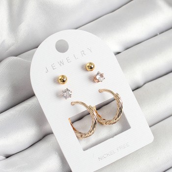 Pirinç Zirkon Taş Ve Halka Figürlü Gold Renk 3'lü Çift Kadın Küpe Set