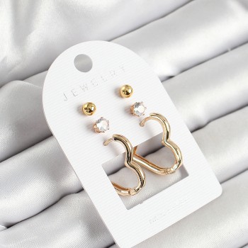 Pirinç Zirkon Taş Ve Kalp Figürlü Gold Renk 3'lü Çift Kadın Küpe Set