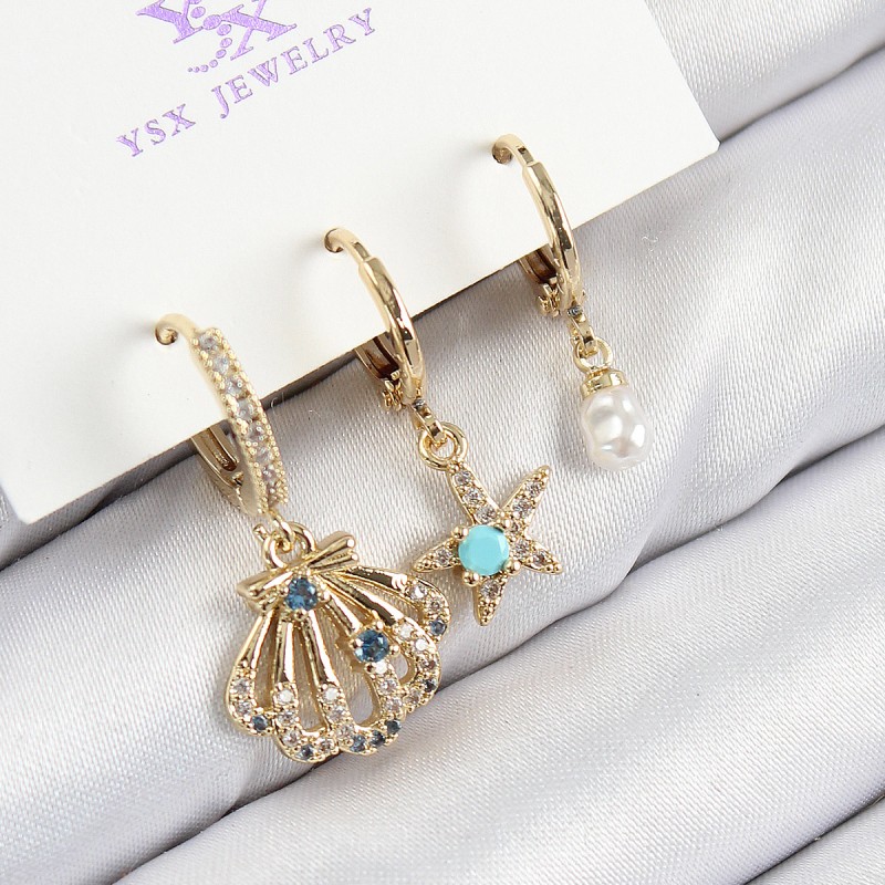 Pirinç Zirkon Taşlı 3'lü İstiridye Ve Yıldız Model Gold Renk Kadın Küpe