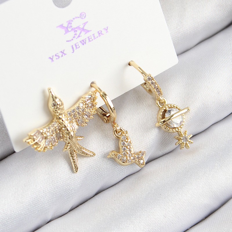 Pirinç Zirkon Taşlı 3'lü Kuş Model Gold Renk Kadın Küpe