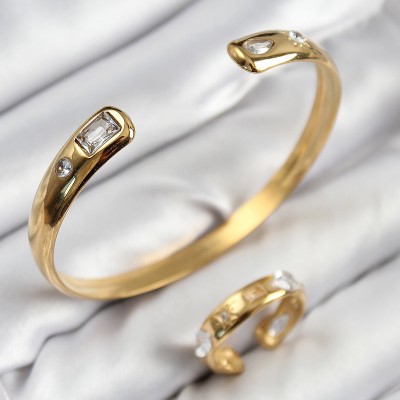 Pirinç Zirkon Taşlı Ayrık Model Gold Renk Bileklik Yüzük Set