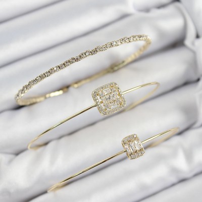 Pirinç Zirkon Taşlı Baget Model Gold Renk Vip 3'lü Kadın Bileklik