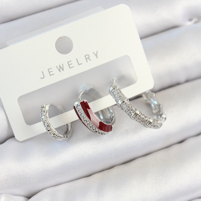 Pirinç Zirkon Taşlı Bordo Pembe Halka Model Gümüş Renk 3'lü Çift Kadın Küpe Set