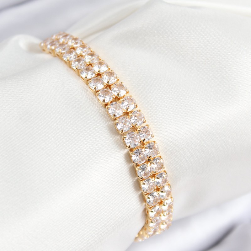 Pirinç Zirkon Taşlı Çift Sıra Kare Model Gold Renk Asansörlü Kadın Bileklik