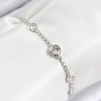 Pirinç Zirkon Taşlı Daire Model Gümüş Renk Asansörlü Kadın Bileklik