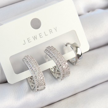 Pirinç Zirkon Taşlı Damla Model Gümüş Renk 3'lü Çift Kadın Küpe Set