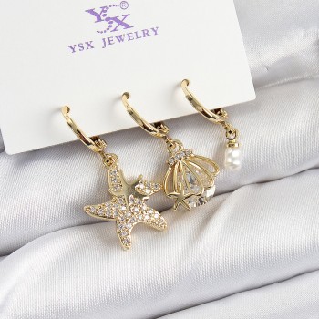 Pirinç Zİrkon Taşlı Deniz Yıldızı Ve İstiridye Model Gold Renk 3'lü Kadın Küpe