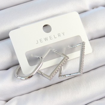 Pirinç Zirkon Taşlı Dikdörtgen Model Gümüş Renk 3'lü Çift Kadın Küpe Set