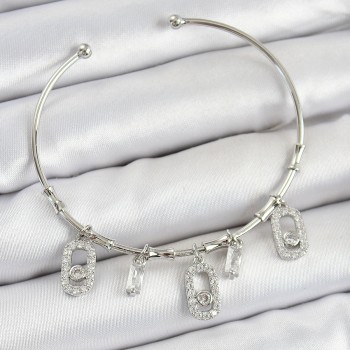 Pirinç Zirkon Taşlı Dikdörtgen Model Gümüş Renk Charm Bileklik