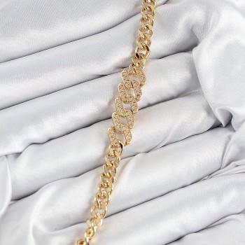 Pirinç Zirkon Taşlı Ezme Küba Zincir Model Gold Renk Kadın Bileklik