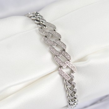 Pirinç Zirkon Taşlı Ezme Küba Zincir Model Gümüş Renk Kadın Bileklik