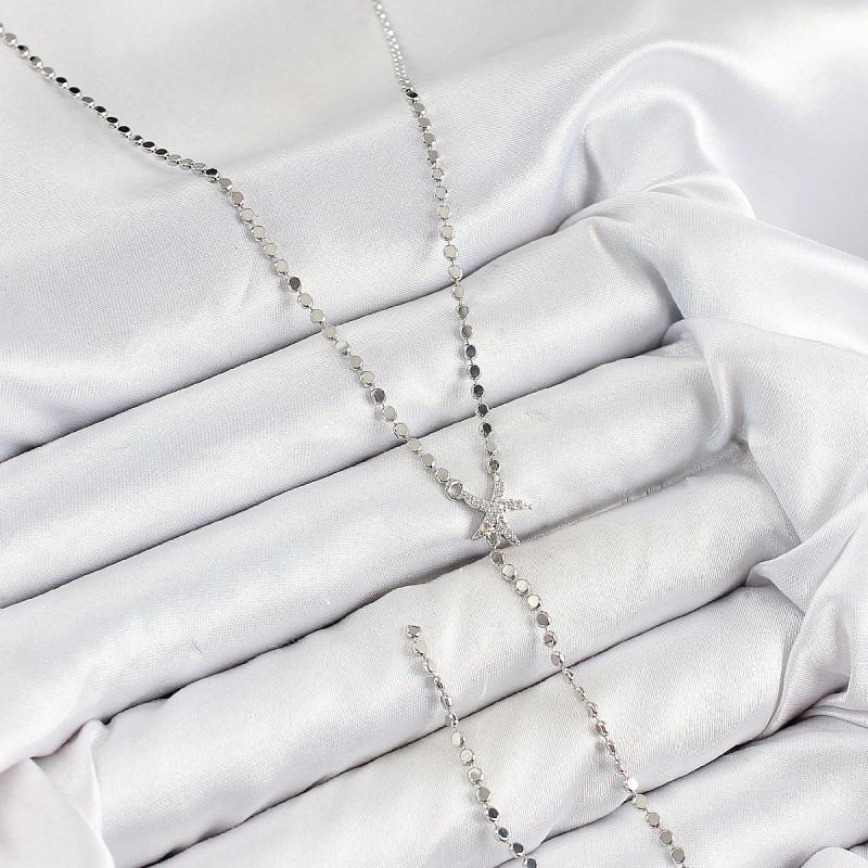 Pirinç Zirkon Taşlı Ezme Zincirli Deniz Yıldızı Model Gümüş Renk Y Kolye