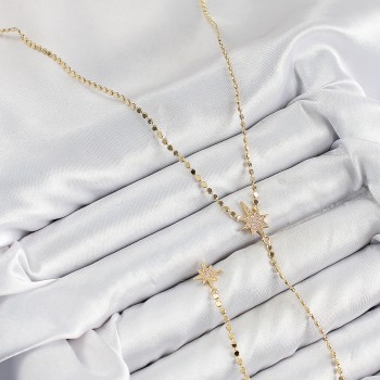 Pirinç Zirkon Taşlı Ezme Zincirli Kutup Yıldızı Model Gold Renk Y Kolye