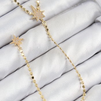 Pirinç Zirkon Taşlı Ezme Zincirli Kutup Yıldızı Model Gold Renk Y Kolye