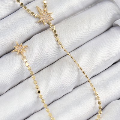 Pirinç Zirkon Taşlı Ezme Zincirli Kutup Yıldızı Model Gold Renk Y Kolye