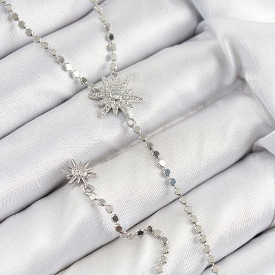 Pirinç Zirkon Taşlı Ezme Zincirli Kutup Yıldızı Model Gümüş Renk Y Kolye