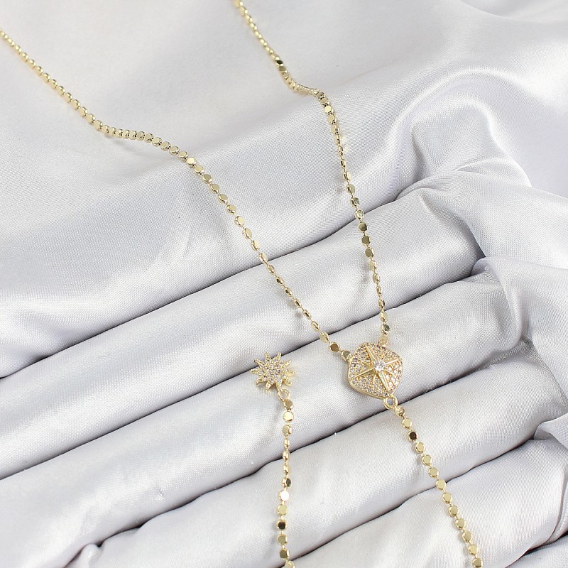 Pirinç Zirkon Taşlı Ezme Zincirli Madalyon Model Gold Renk Y Kolye