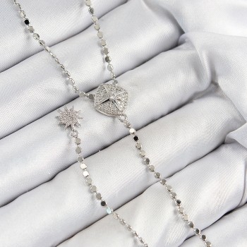 Pirinç Zirkon Taşlı Ezme Zincirli Madalyon Model Gümüş Renk Y Kolye