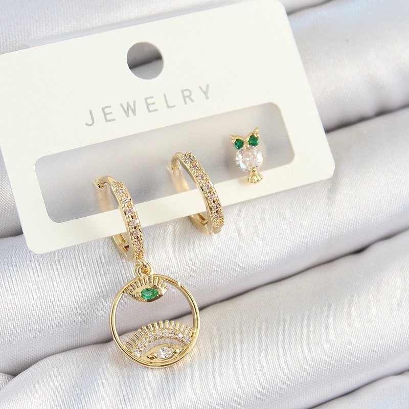 Pirinç Zirkon Taşlı Göz Ve Baykuş Model Gold Renk 3'lü Çift Kadın Küpe Set