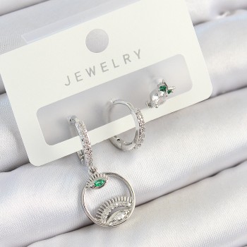 Pirinç Zirkon Taşlı Göz Ve Baykuş Model Gümüş Renk 3'lü Çift Kadın Küpe Set